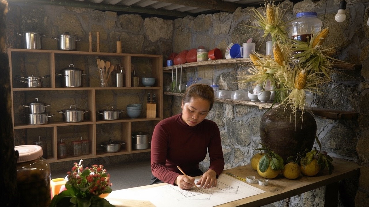 Girl Build a Modern Open Kitchen Space Using of Stone and Workspaces with Wild Nature