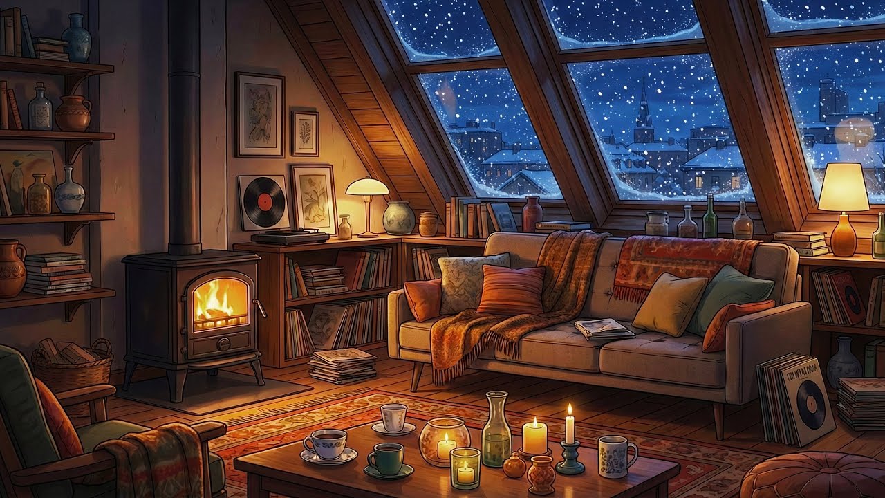 Cozy Winter Jazz for Sleep & Reading ❄️ Snowy Attic, Fireplace & Vinyl