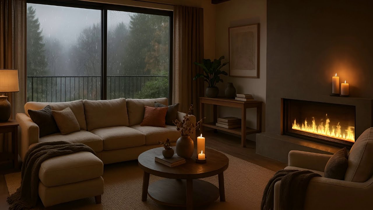 Cozy Rainy Night in a Hidden Forest Villa | Heavy Rain, Thunder & Fireplace Sounds (10 Hours)  🔥🕯️4K