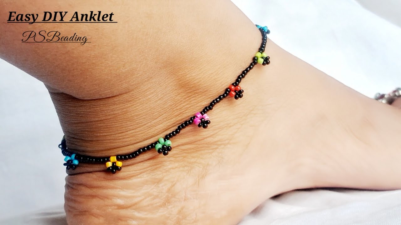 How To Make Anklet With Chain || Handmade Anklet With Beads || Black Beads Anklet || DIY