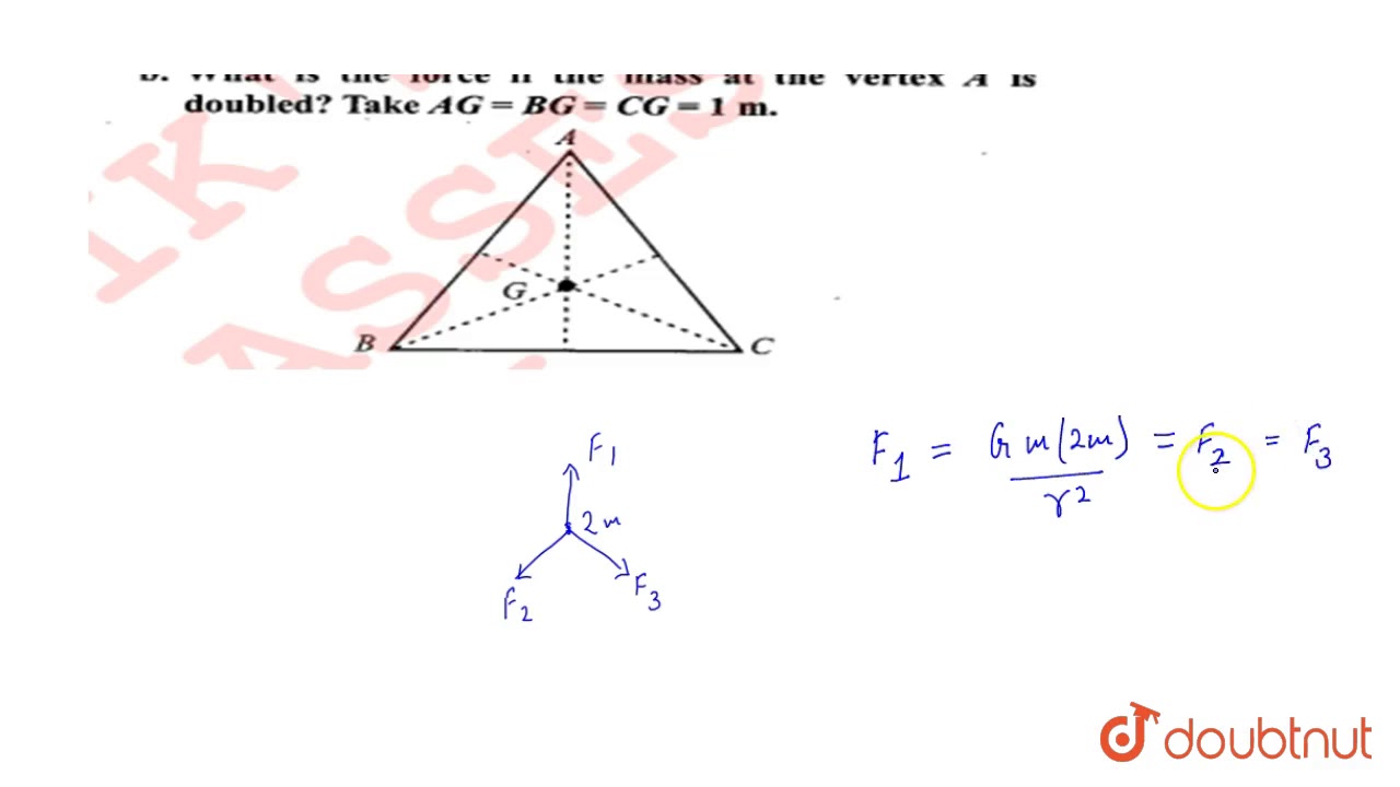 Three equal masses of `m kg` each are fixed at the vertices of an equilateral triangle `ABC`. a....
