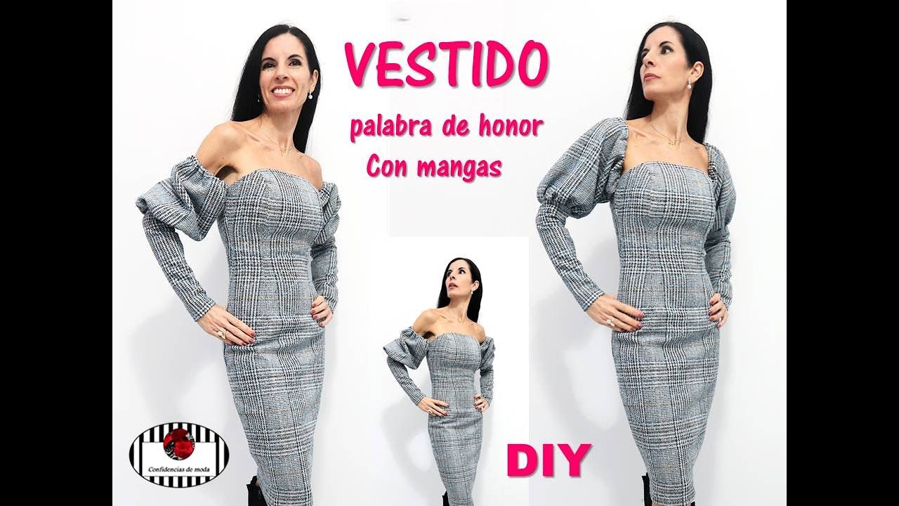 VESTIDO CON ESCOTE PALABRA DE HONOR Y MANGAS ABULLONADAS. DIY.