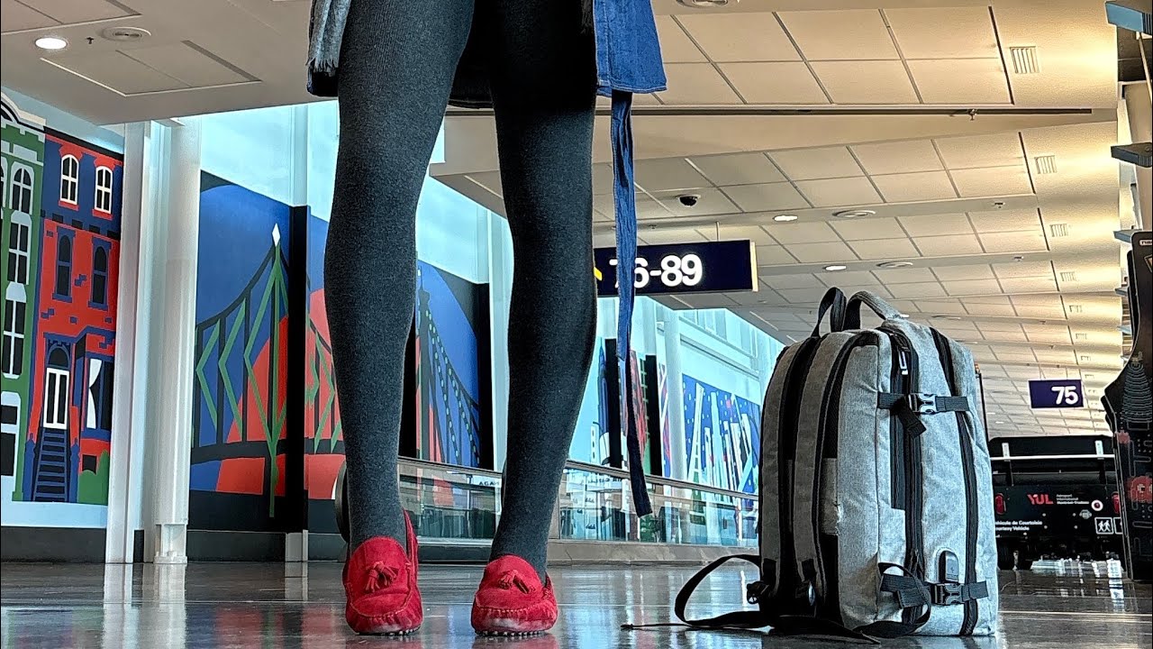 Tights In Public - Wearing Grey Sweater Tights In Public While Traveling at Montreal Airport!