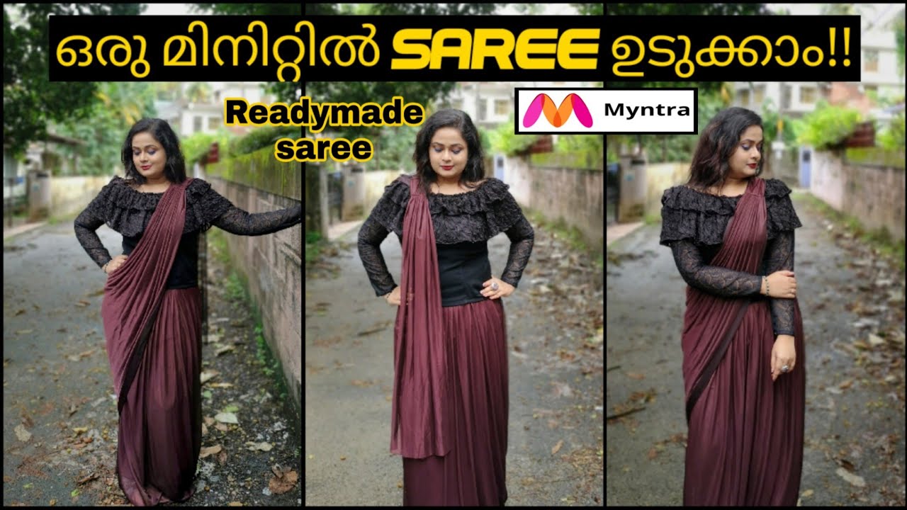 Ready-made pleated saree |ഒരു മിനിറ്റിൽ ഉടുക്കാം |2 easy രീതിയിൽ styling with top |Saree tutorial