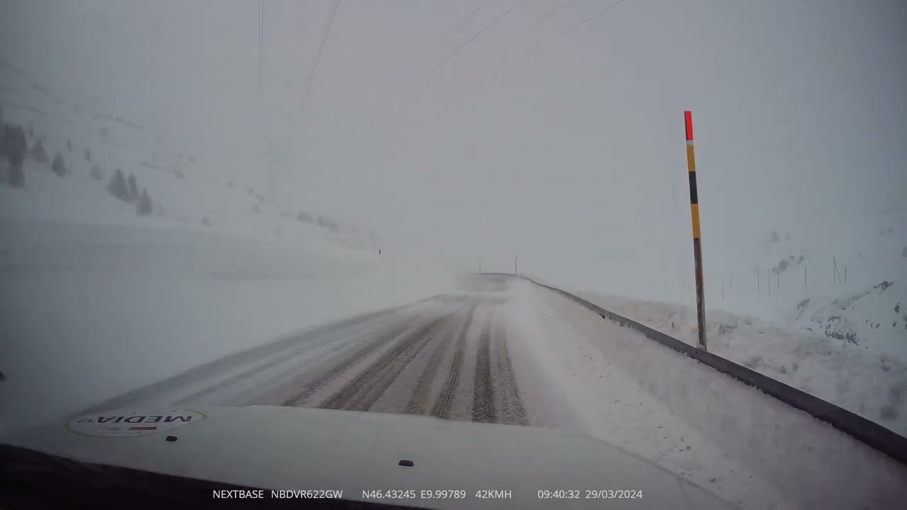 Drive into the SNOWSTORM on the Bernina Pass Road  in Winter