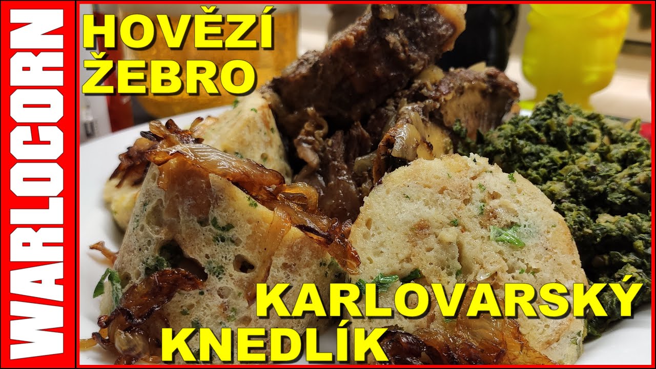 Karlovarský knedlík, pomalu pečené hovězí žebro, špenát