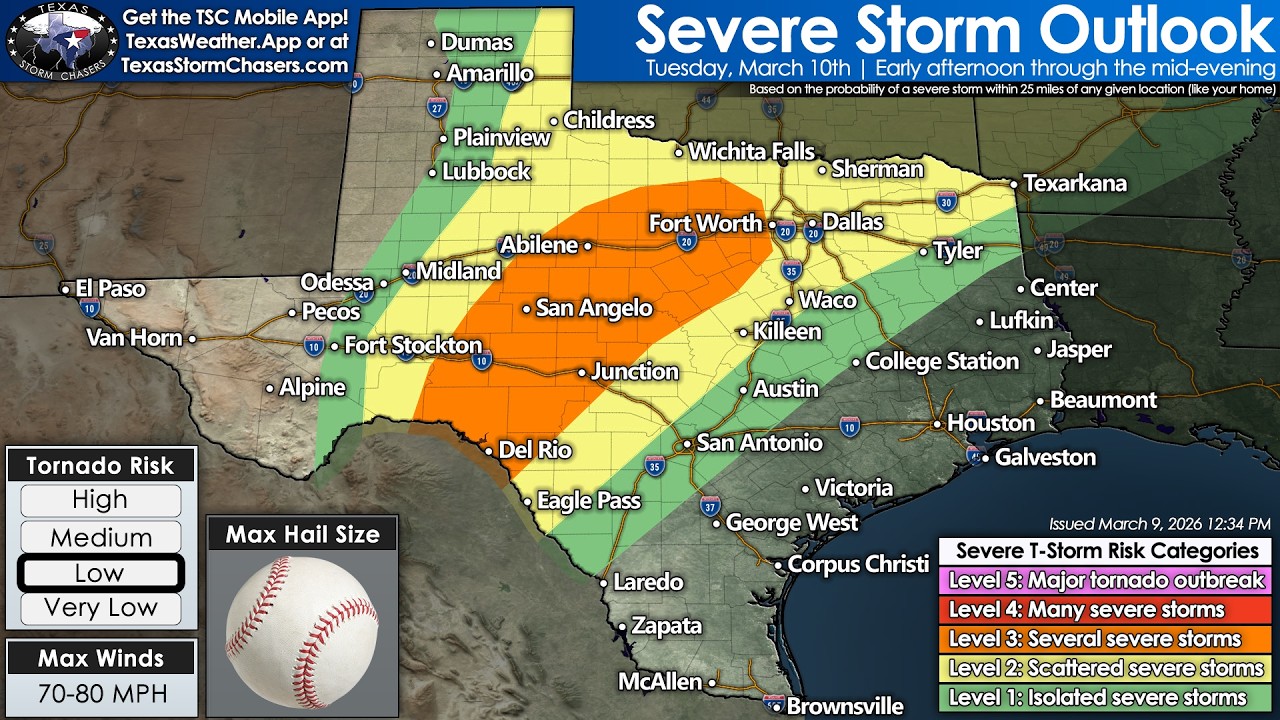 Severe Storms Target Texas Tuesday 🌩️ Tornado, Hail & Damaging Wind Threat | Live Forecast Update