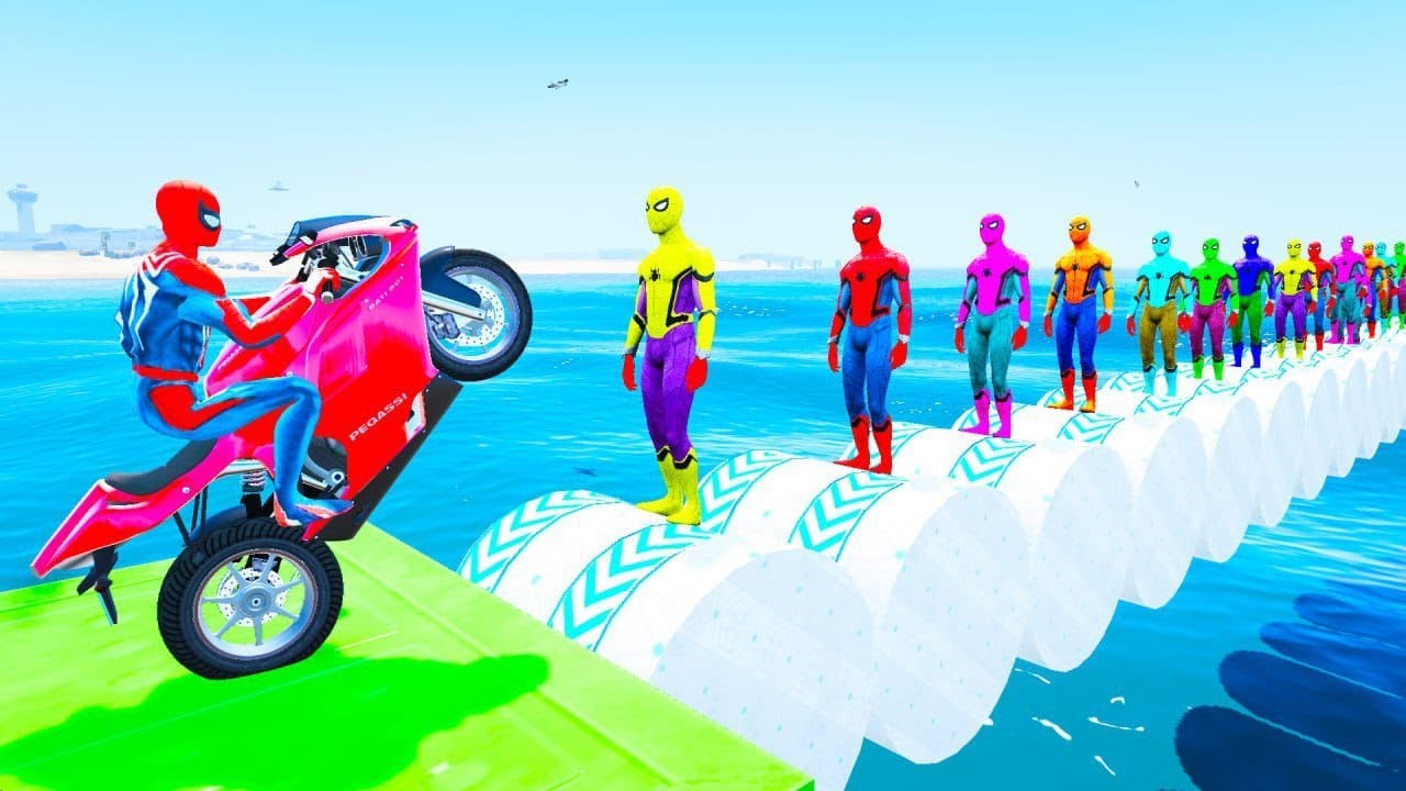 Spider-Man Color Challenge: Motorbike Jump over Barrels!