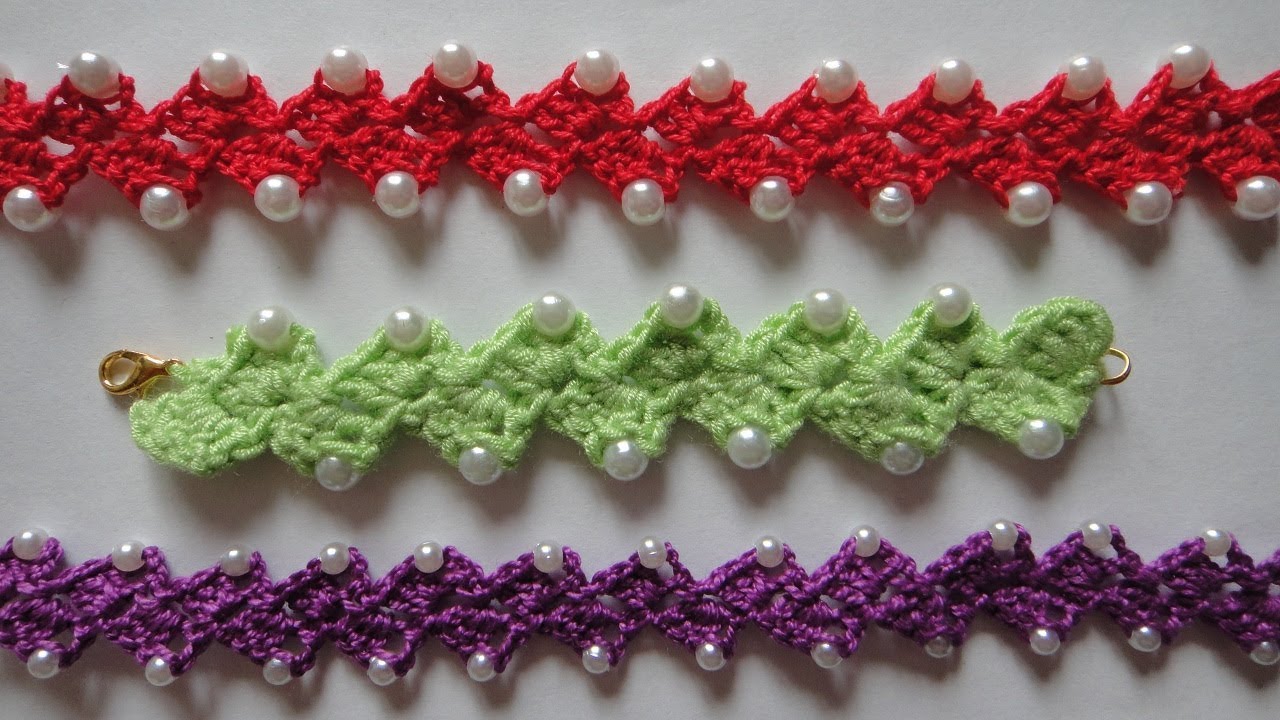 Браслет с бусинами (тесьма, шнур) крючком. Bracelet crochet with beads