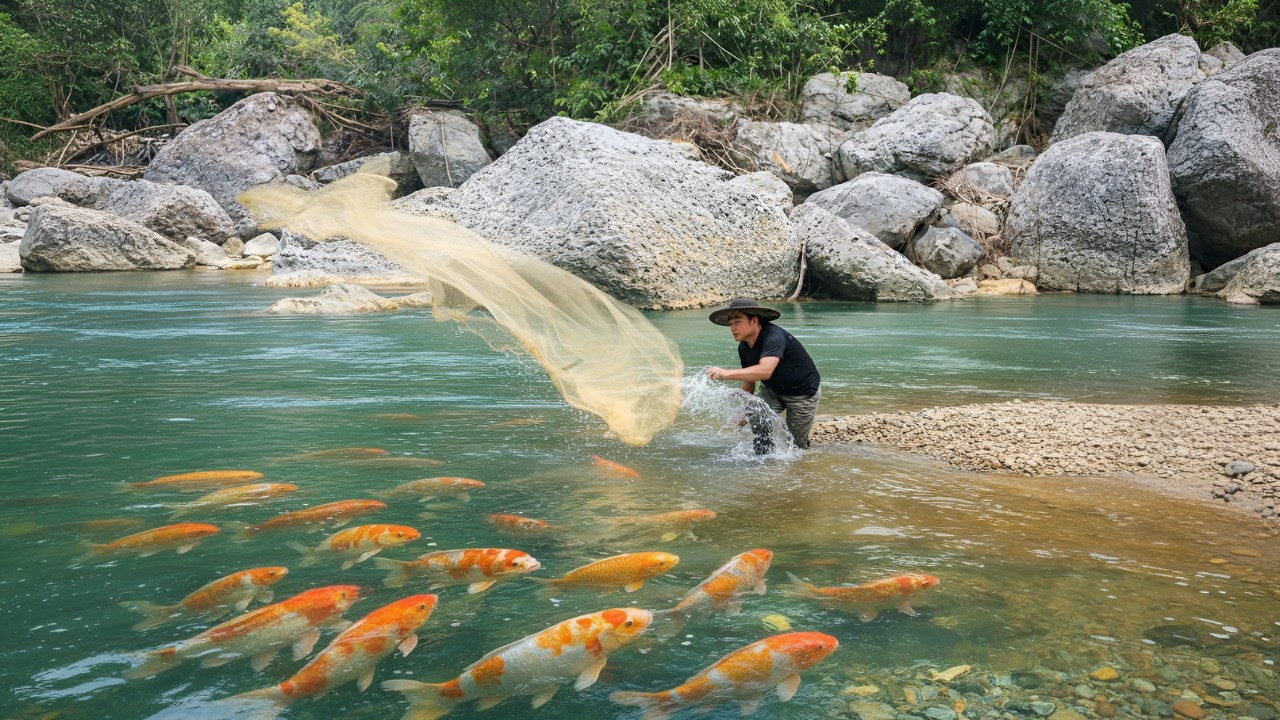 Casting nets to catch fish during the flood season - Making delicious grilled fish in bamboo tubes