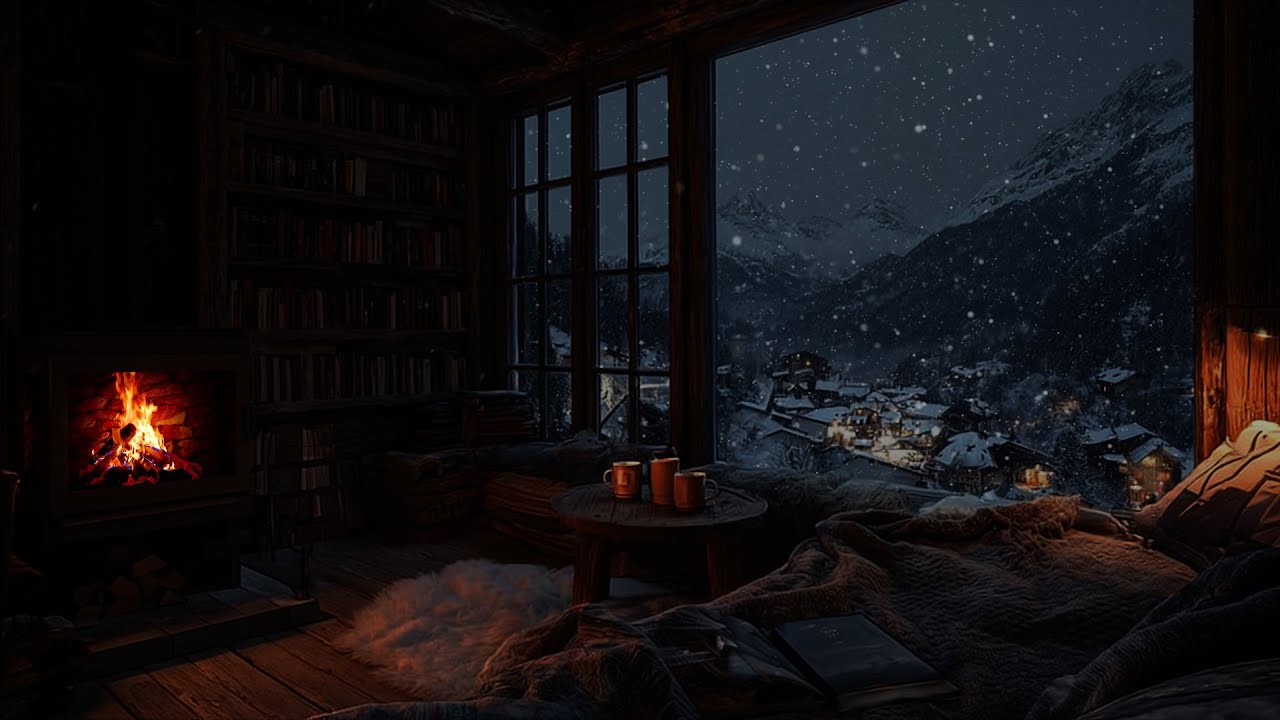 Soft Snow Settling Over Firelight ❄️ A Still Winter Night Atmosphere for Rest