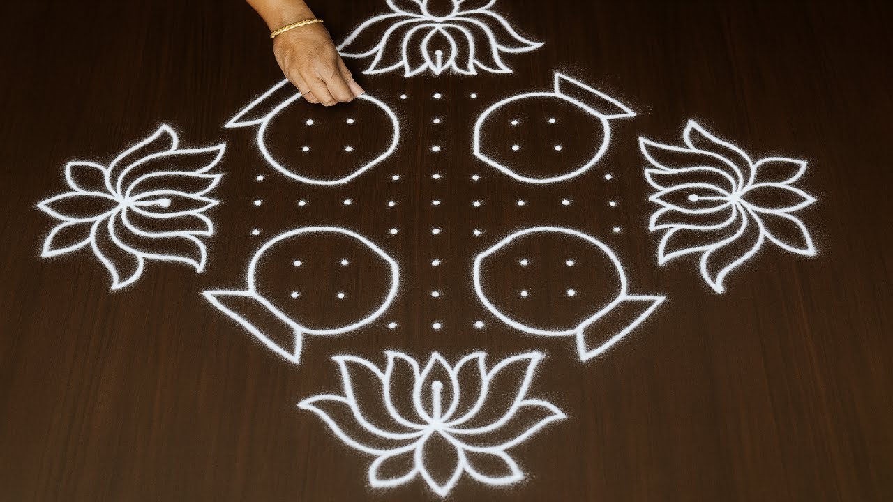 New Bhogi Kundala Muggulu: 15x1 Dots Pongal Pot Lotus Kolam | Simple Rangoli Designs