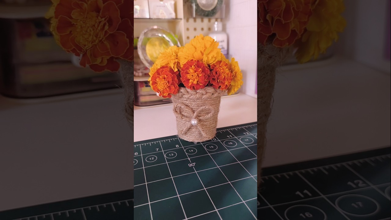 How to make a flower vase with jute rope and paper cup #viral #aesthetic #craft