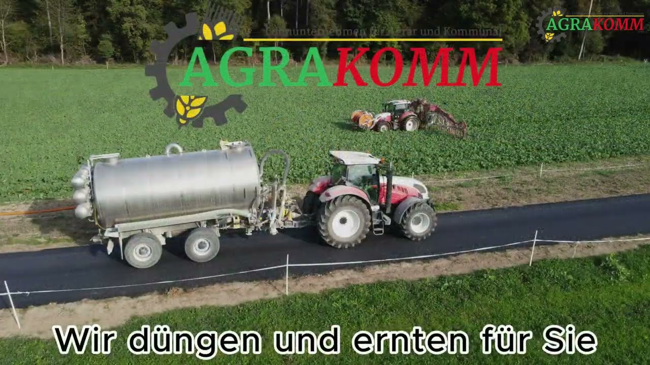 Das Lohnunternehmen AgraKomm GmbH beim Gülle verschlauchen in den Raps.