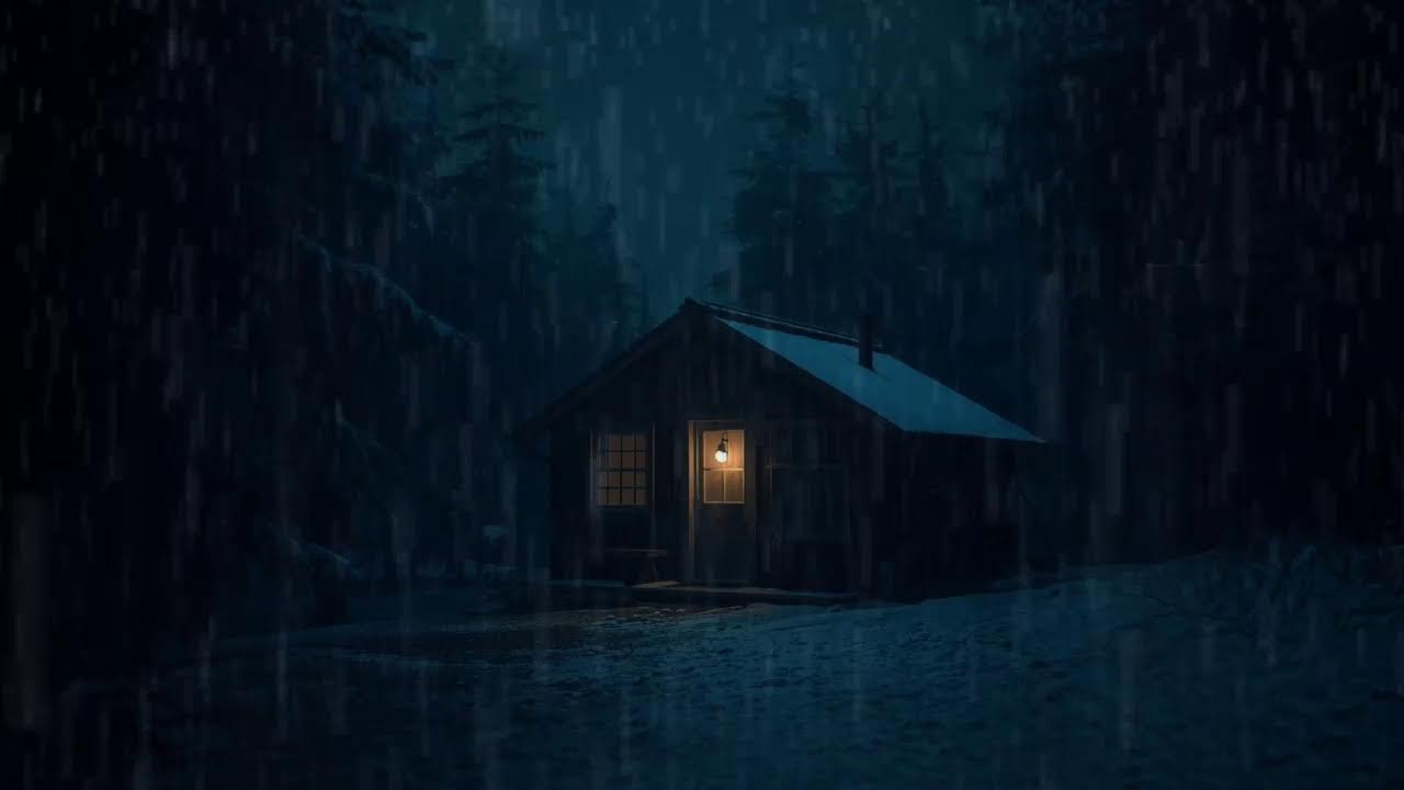 Peaceful Winter Rain at a Remote Cabin (No Ads) | Dark Room Sleep Sounds