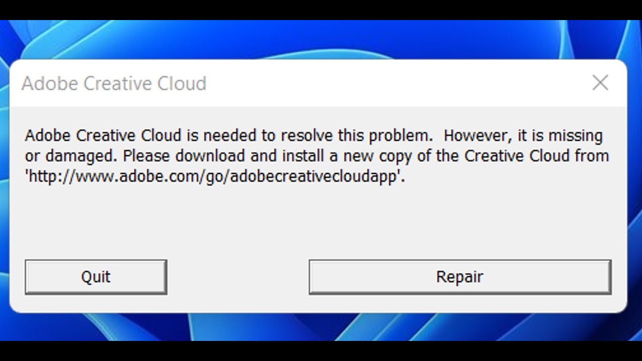 Исправление ошибки. Для решения этой проблемы необходим Adobe Creative Cloud. Он отсутствует или поврежден.