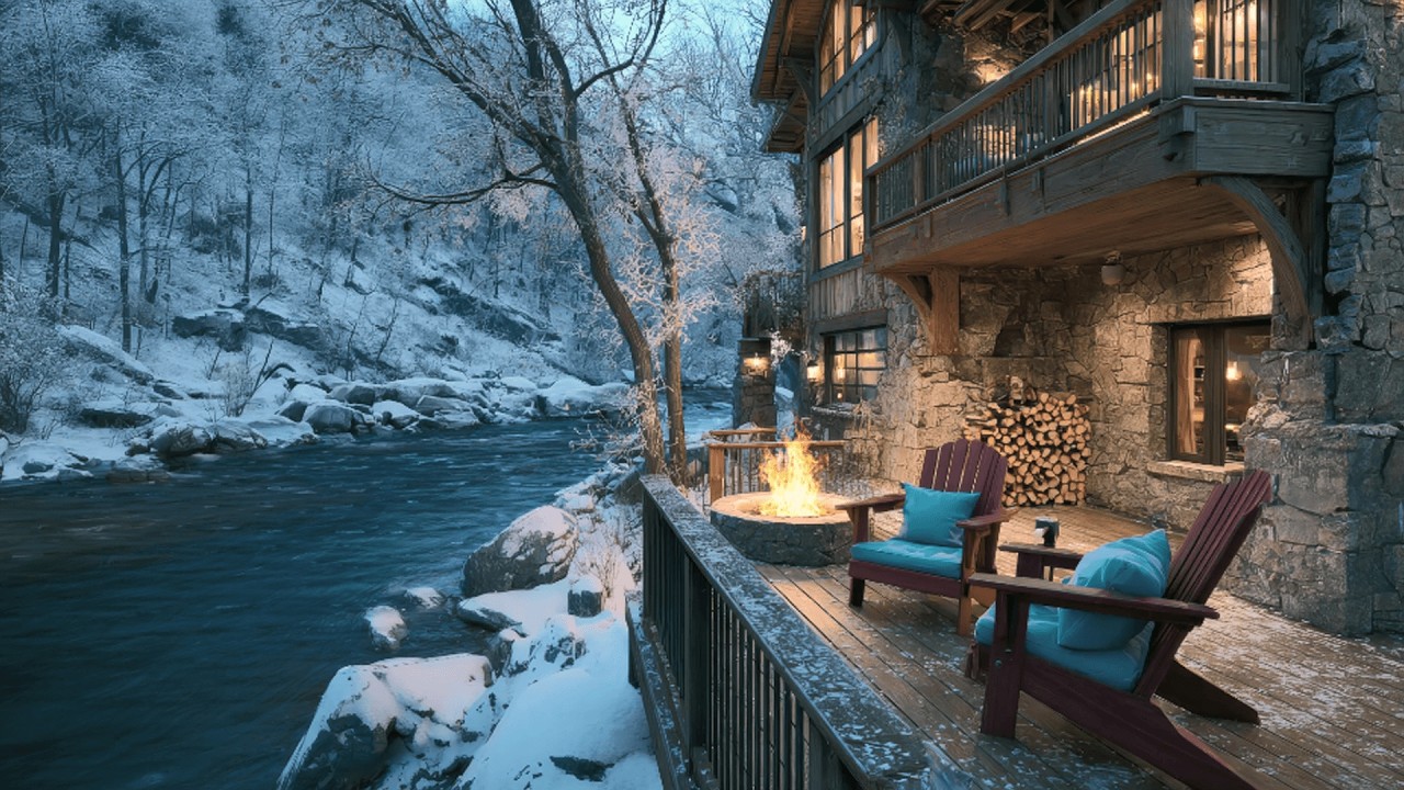 Winter Cabin by the Frozen River ❄️ | Fire Pit & Whispering Wind for Sleep