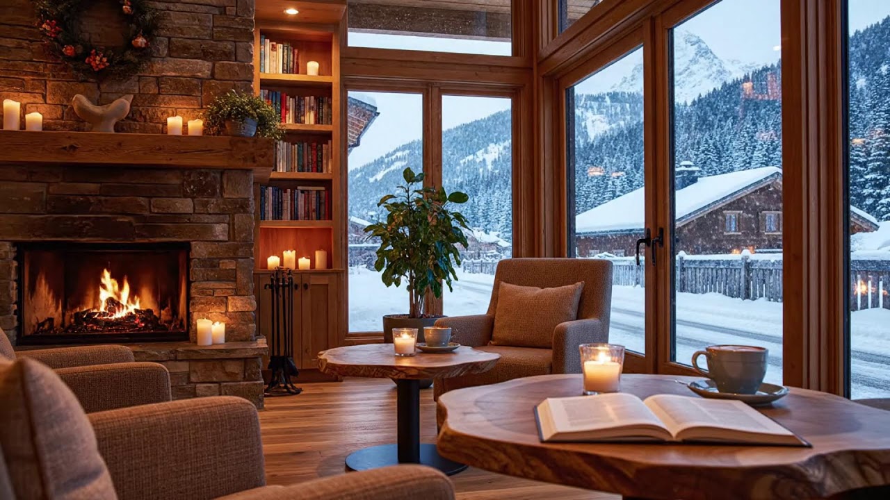 Peaceful Night Winter Coffee Lounge ☕ Cozy Jazz Piano & Gentle Fireplace Sounds for Study & Work