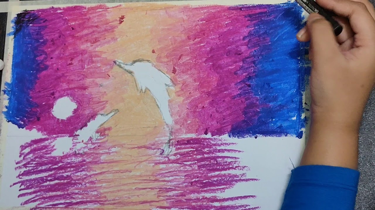 Beautiful scenery at dusk - using oil pastels