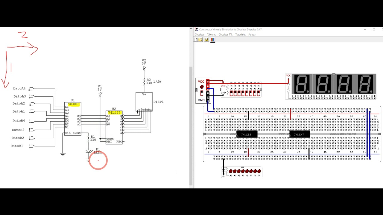 Armado paso a paso circuito digital (Sumador 74LS83 + display 7 segmentos) y simulación.