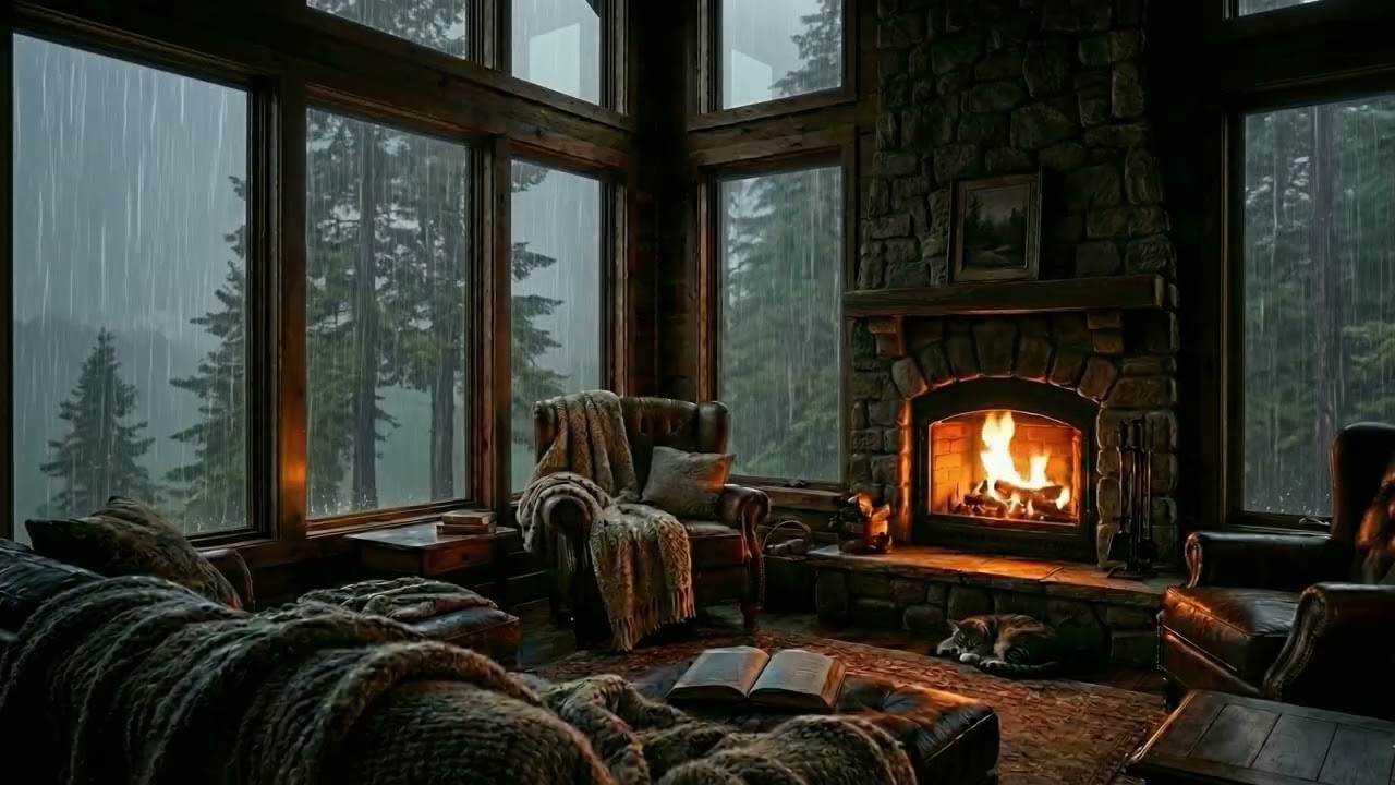 Light Rain on Window + Crackling Fire | Stress Relief & Insomnia Aid