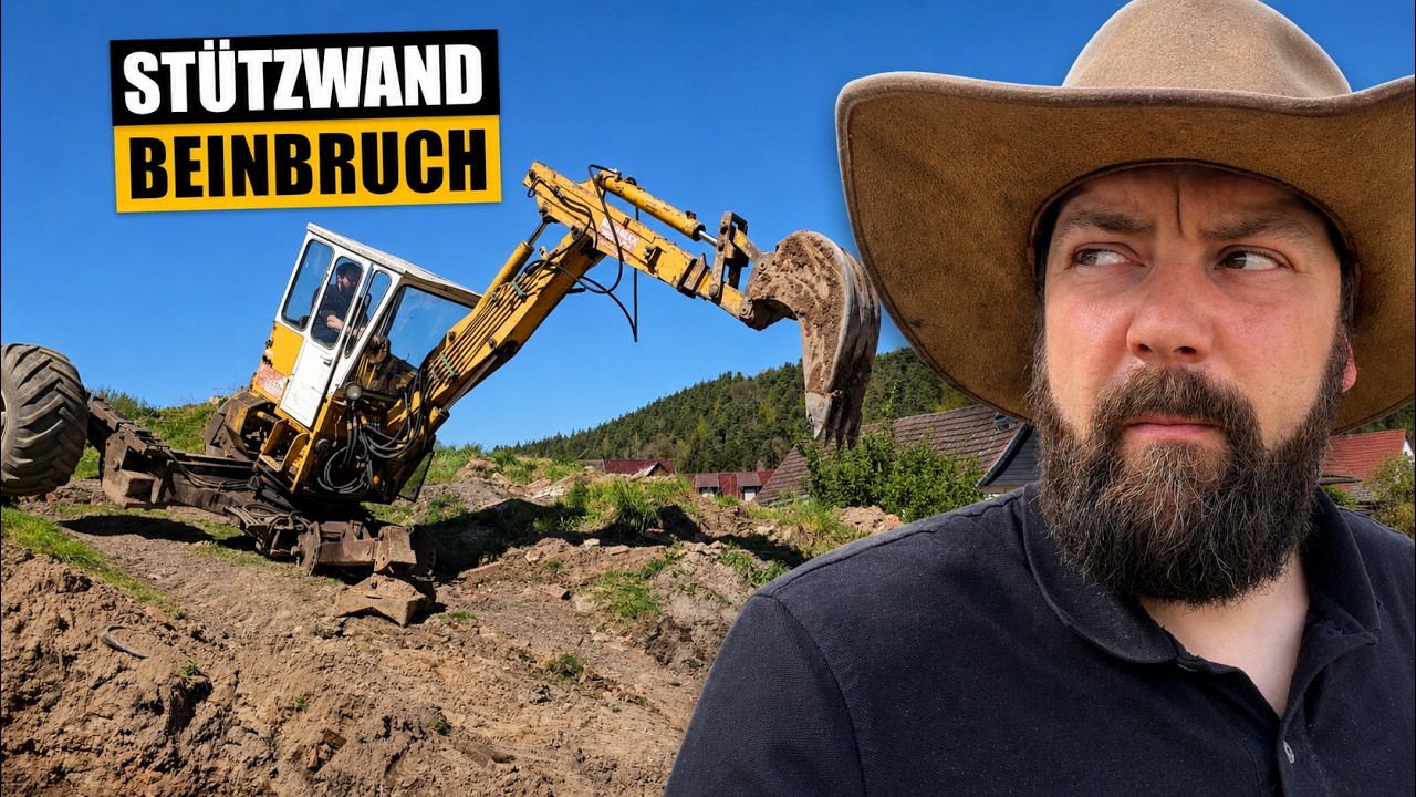 Fundament f&uuml;r L-Steine ausheben: Schreitbagger mit Beinbruch