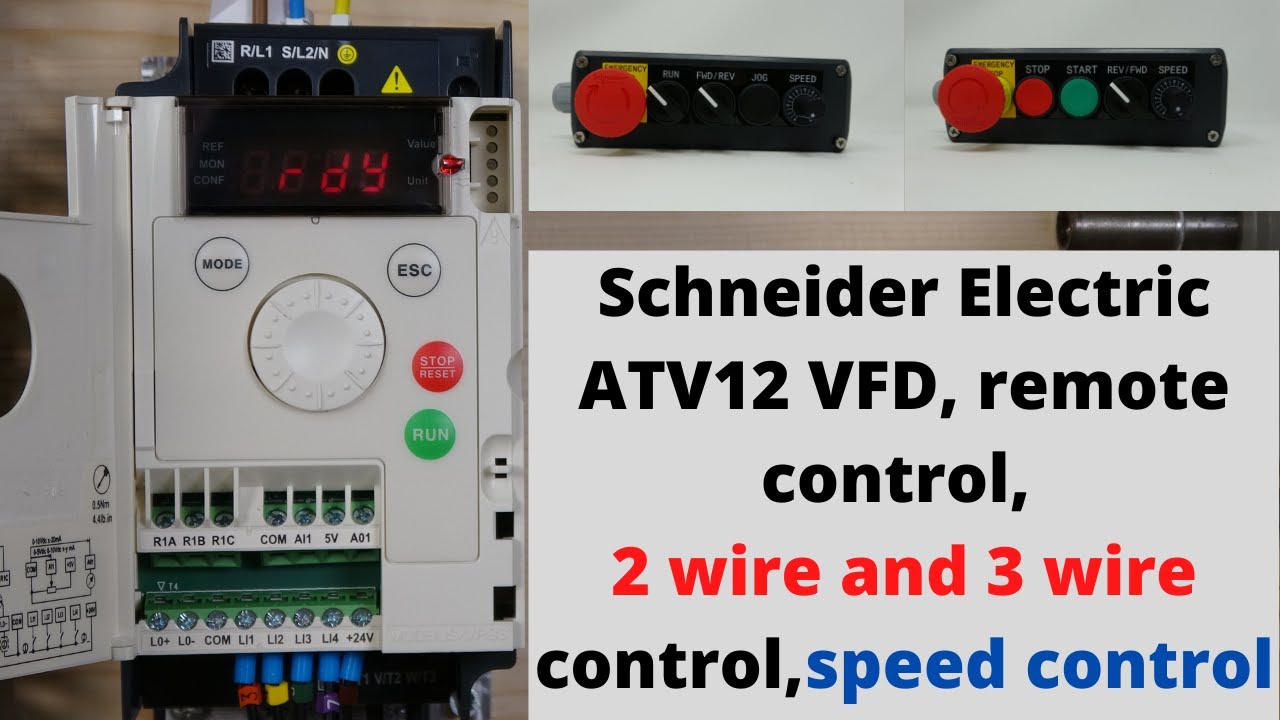 Schneider Electric ATV12 VFD, дистанционное управление, 2-х и 3-х проводное управление, регулиров...