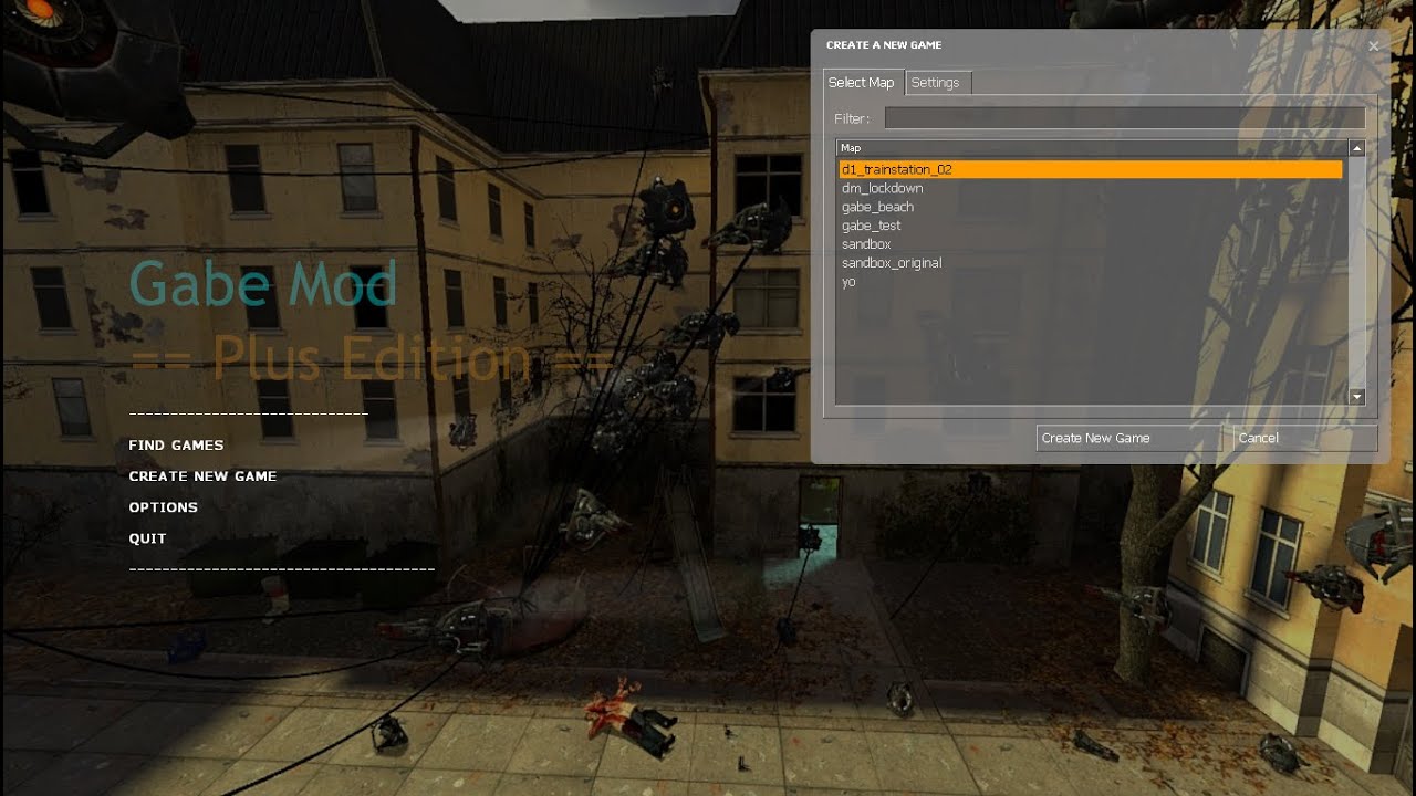 Gabe Mod Plus: Main menu overhaul and new create game menu + Physics Gun pellet modes