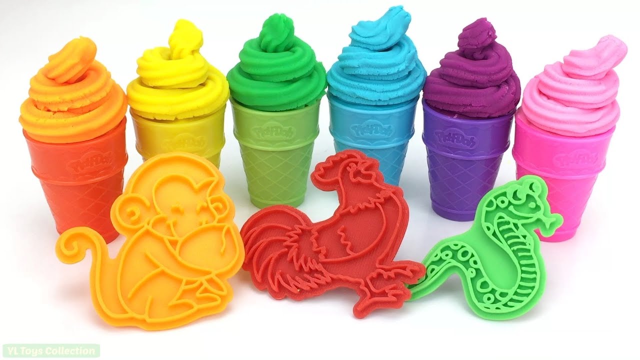 Learn Colors with 6 Color Play Doh and Monkey Cow Cookie Molds Surprise Toys Yowie Kinder Joy