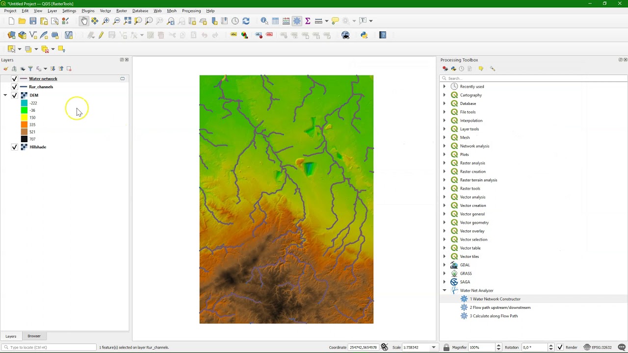 Use the Water Net Analyzer plugin to create a water network from a line vector in QGIS
