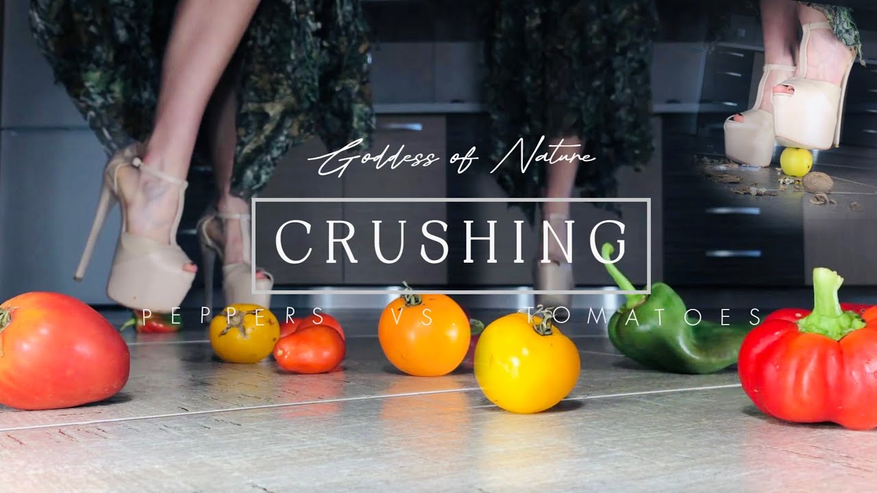 Goddess's High Heels: Peppers vs. Tomatoes! Oddly Satisfying Food Crushing! ASMR
