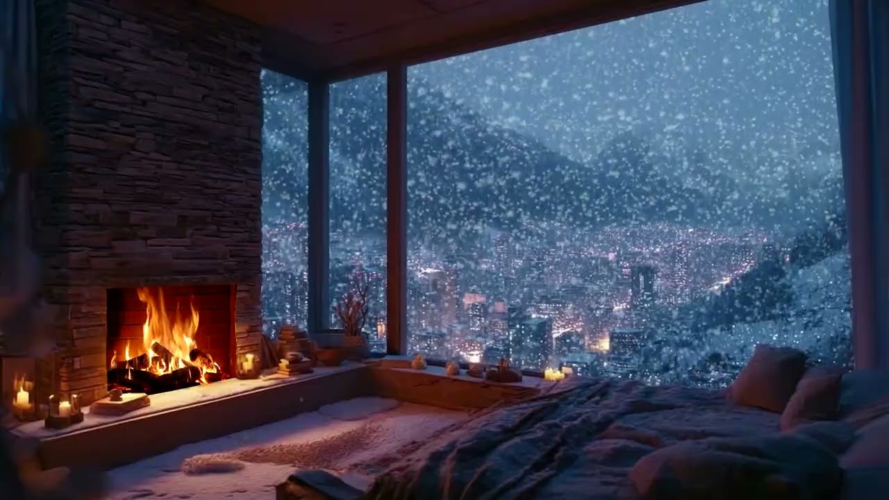Quiet Winter Night ❄️ Warm Cabin Ambience & Crackling Fireplace | Relaxing Sleep & Study