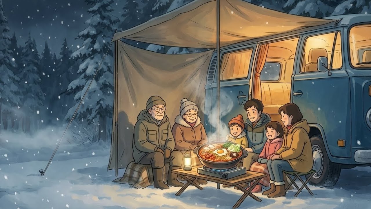 Cozy Winter Car Camping with Family — Kimchi Hotpot Under the Tarp | Ghibli-Style ASMR