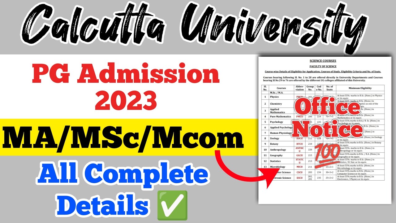 Calcutta University PG Admission 2023, Official Notice 💯 WB MA,MSc & Mcom Admission 2023 ✅