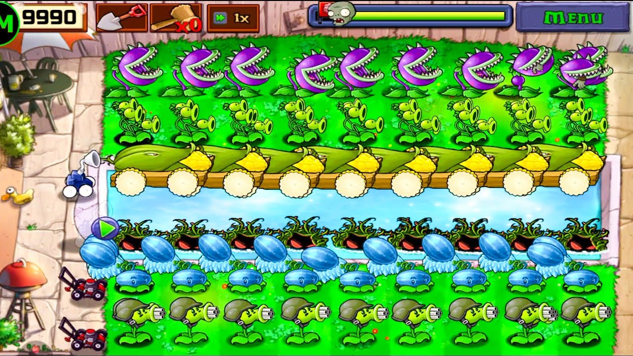 Plants Vs zombies Survival Pool Cob Cannon+Gatling Pea+Threepeater+Chomper+Tangle Kelp Vs Zombies