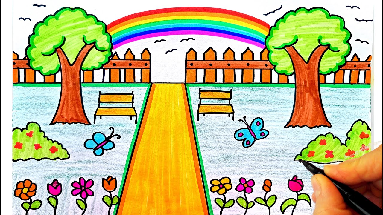 Kolay Bahçe Resmi Çizimi – İlkbahar Resmi Çizimi - Park Resmi Çizimi - Garden Drawing Easy