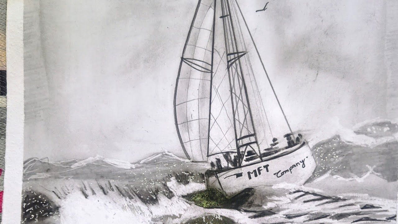 Beautiful Sea and boat⛵ ocean 🪸🌊 sketch painting 