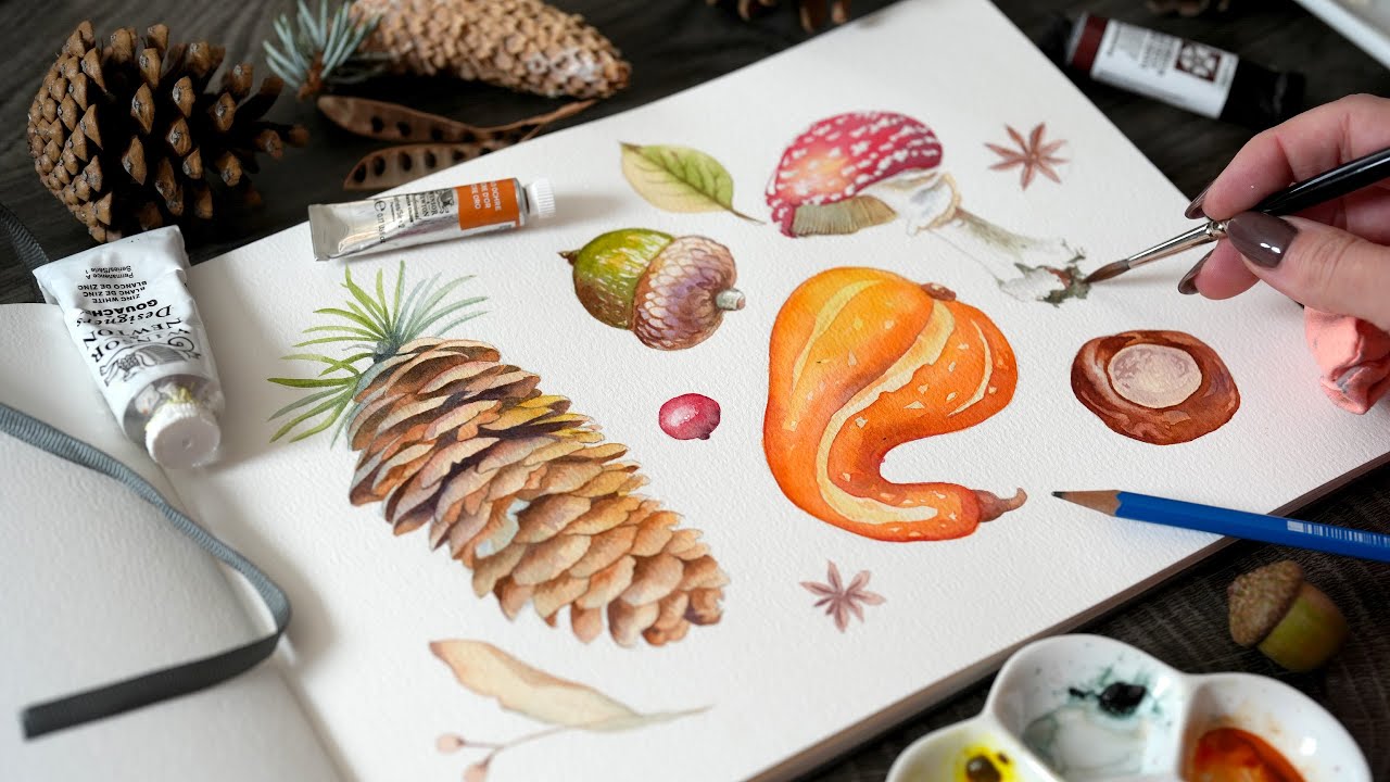 Paint With Me 🍂☕ Tiny Watercolor Fall Objects // Sketchbook Session