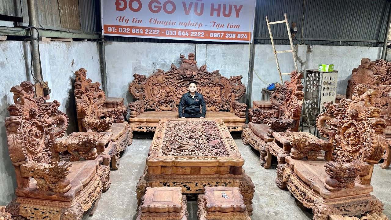 Bộ Ghế Rồng Đỉnh Nguyên Khối Đục Kênh Bong Gỗ Hương Lào 12 Món | Đồ Gỗ Vũ Huy