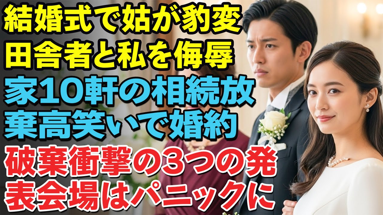 結婚式で姑に「田舎者」と罵られ、10軒の家の相続放棄を強要された私。私は高笑いで婚約破棄し、その場で“三つの発表”——会場は騒然となった。