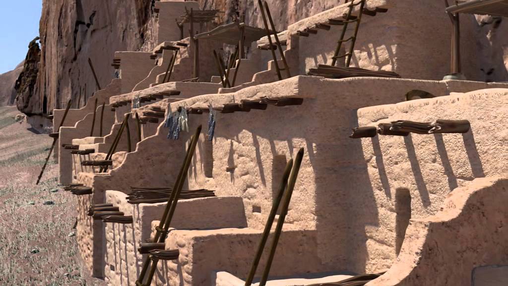 Bandelier Long house pueblo reconstruction with cavate interiors