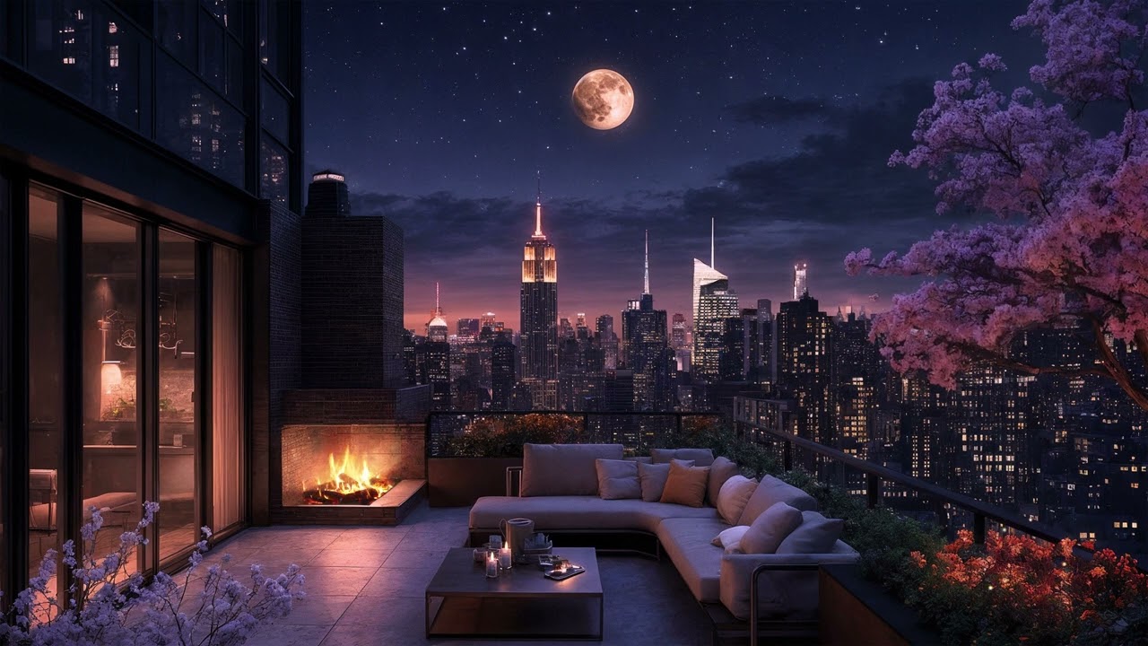 Night balcony space in Dubai | City Rooftop Fireplace – Moonlight Ambience & Relaxing City Sounds