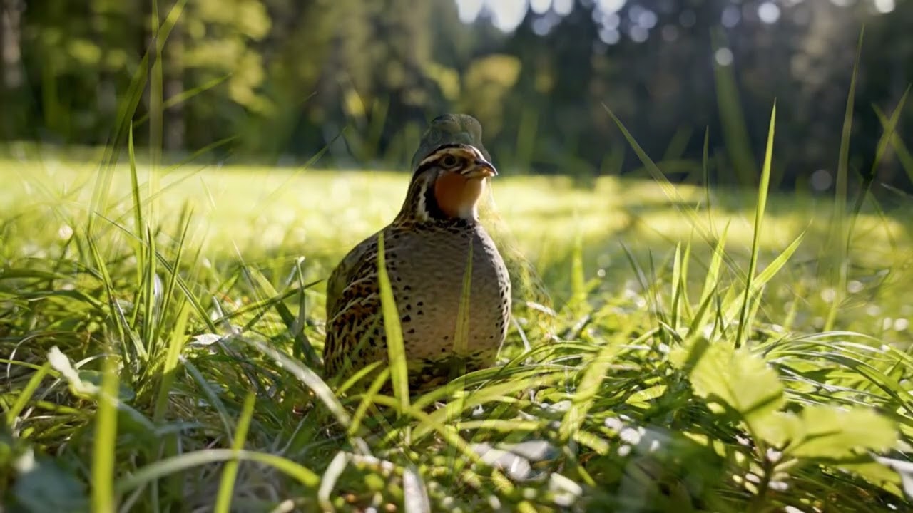 A quail chirps in a wide open grass