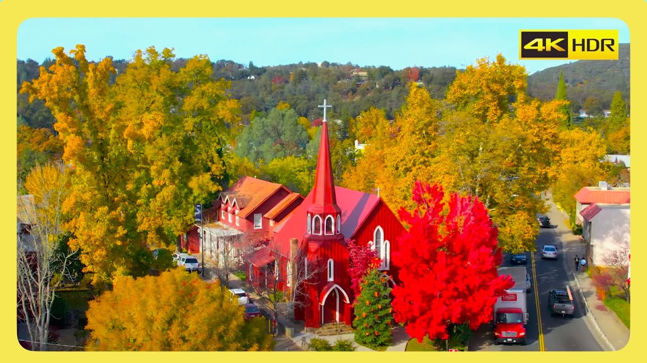 Flying over Sonora California Fall Colors CHRISTMAS TOWN! 4K HDR