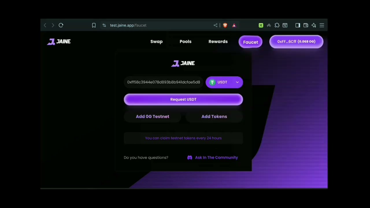 Collect BTC, ETH & USDT from the JAINE testnet faucet on 0G network at test.jaine.app/faucet