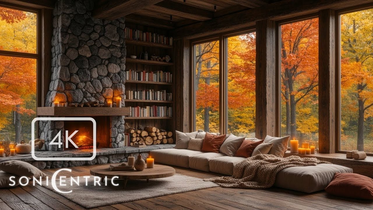 4K Cozy Autumn Cabin Ambience | 4K Relaxing Classroom Visual | Produced by SoniCentric