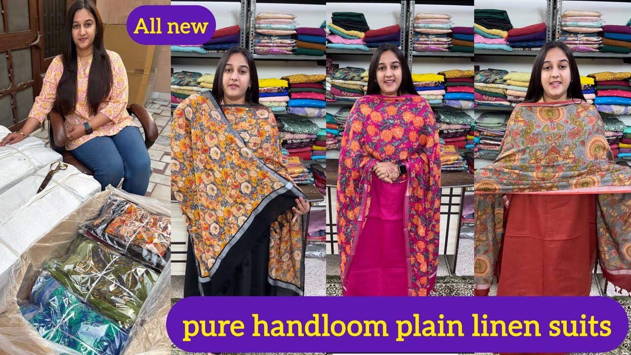 Latest Trending Pure Handloom linen plain suits🌹Plain suits with kalamkari dupatta🌹