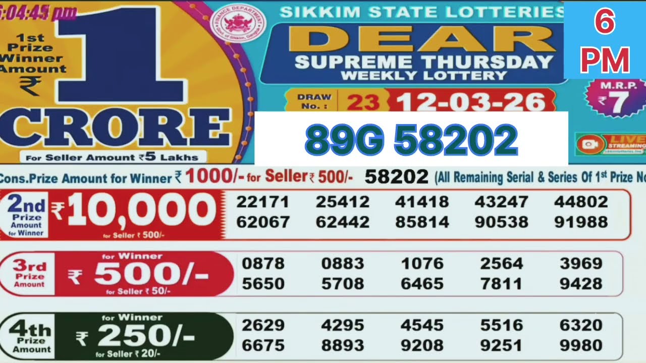Supreme Thursday weekly lottery result today 6pm - 12/03/2026 - Sikkim state lotteries.