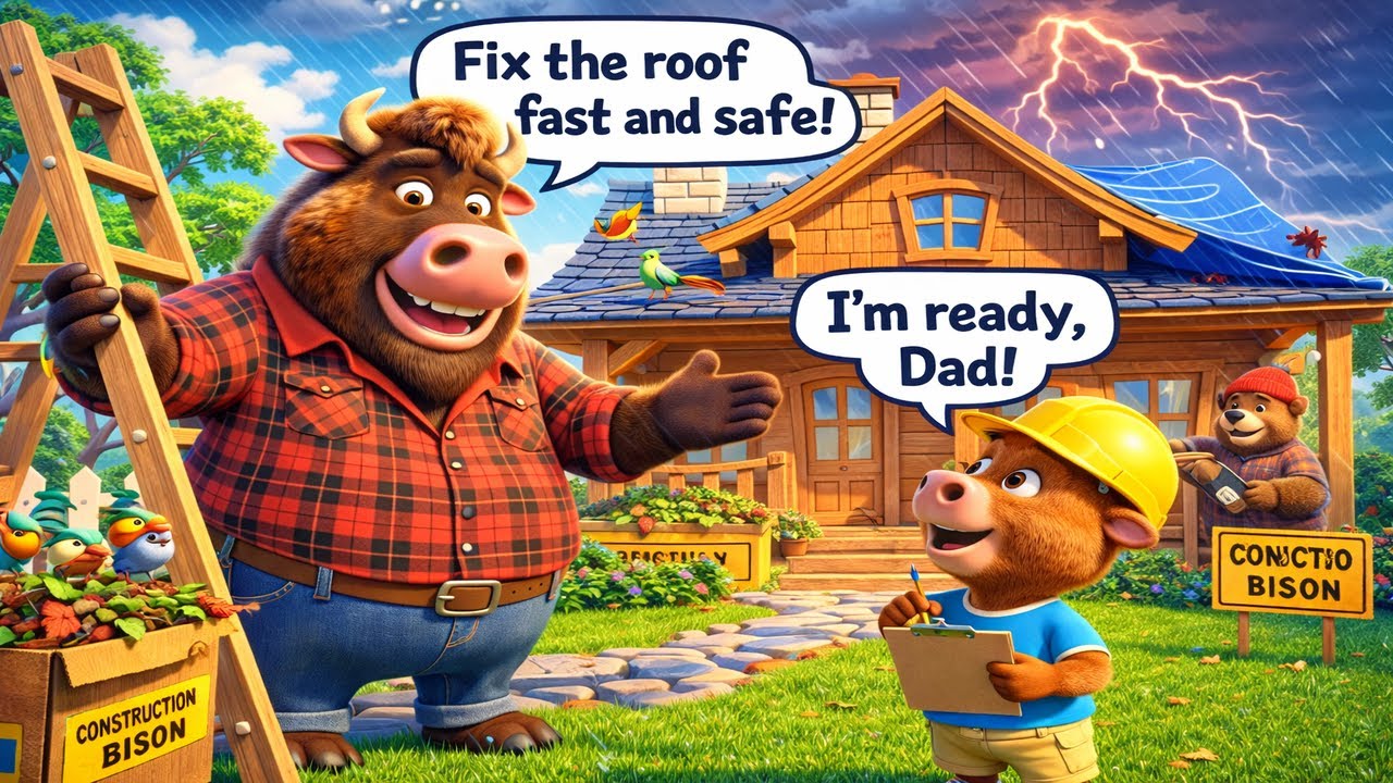Bison Family Funtime: Fixes the Roof Before the Storm 🌧️ Kids Safety & Teamwork Cartoon