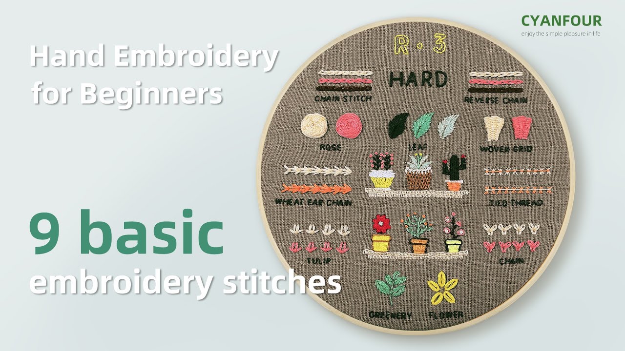 [ Difficulty3 -Hard ]9 Basic embroidery stitches, Cyanfour 4 Stage Embroidery kit for Beginners
